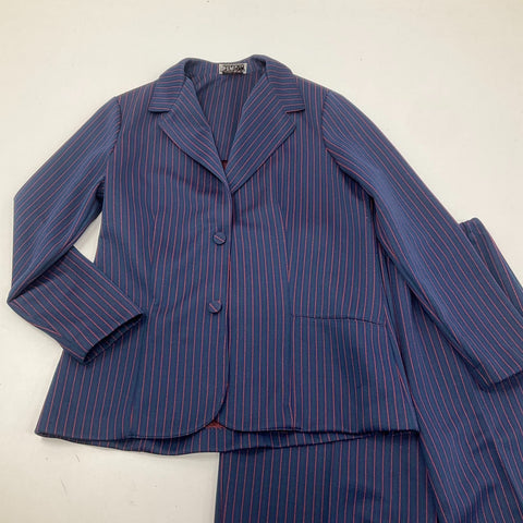 Vintage 70s John's Girl Navy Red Pinstripe Polyester Pants Suit Set Women's