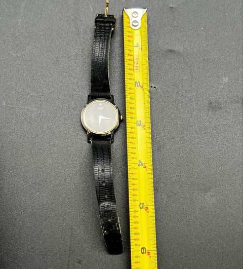 Vintage Seiko Quartz Women's Watch Black Dial Accent Stone Black Leather Strap