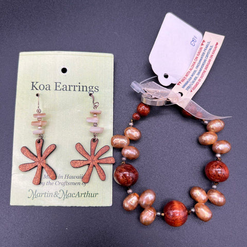 Martin & MacArthur Koa Earrings & Dottie Bergan Koa Pearl Bracelet Hawaiian Set