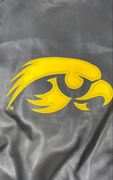 G-III Men's Iowa Hawkeyes Leather Varsity Bomber Jacket Black Yellow Sz 2XL