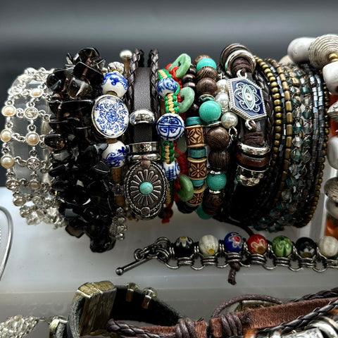 Boho Eclectic Costume Jewelry Lot 40+ Bracelets Beaded Bangles Southwestern
