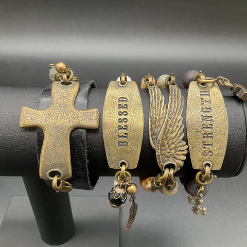Lenny & Eva Brass Tone Jewelry Lot of 4 Bracelets Strength Blessed Cross Wing
