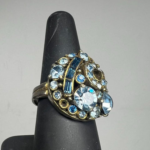 Vintage MCM Hollycraft Ring Silver Tone Blue Rhinestones *Missing Stones