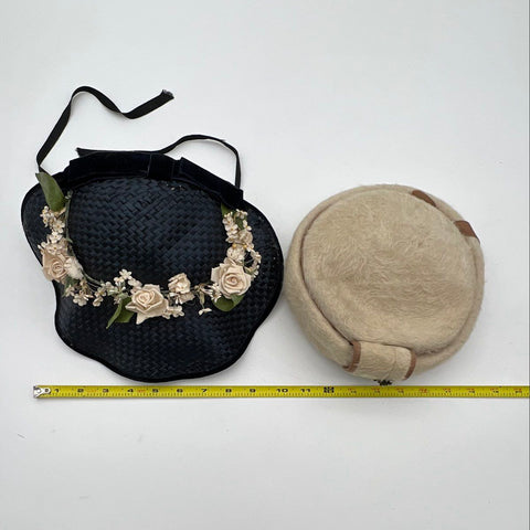 Vintage 50s Women's Pillbox Hat Lot Ranleigh Tan Wool & Black Floral Woven Straw