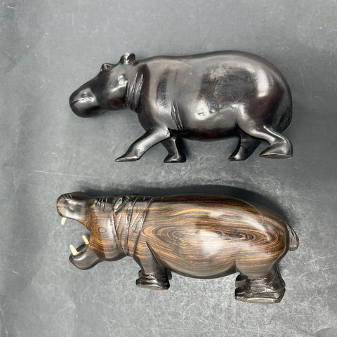 Vintage Hand Carved Hardwood Hippo Figurines Set of 2 African Art Open Mouth