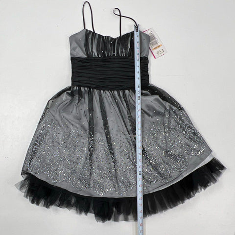 Morgan & Co. Women's Silver Black Sequined Ruched Tulle Formal Dress NWT Sz 7/8