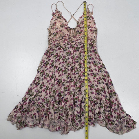 Free People FP ONE Women's Pink Floral Lace Smocked Ruffle Mini Dress Sz S