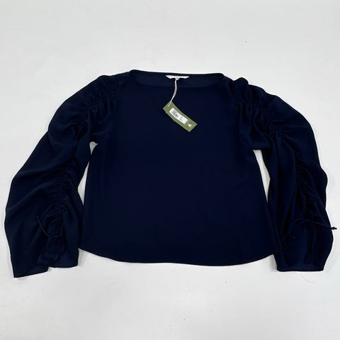 Trina Turk NWT Women's Veda Boat Neck Top Navy Blue Ruched Sleeve Sz M