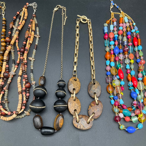 Boho Jewelry Lot 10pc Necklaces Tiger's Eye Wood Stone Shell Beaded Mixed Styles