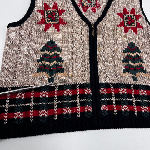 Christopher & Banks Women's Christmas Sweater Vest Tan Hand Embroidered Zip Up