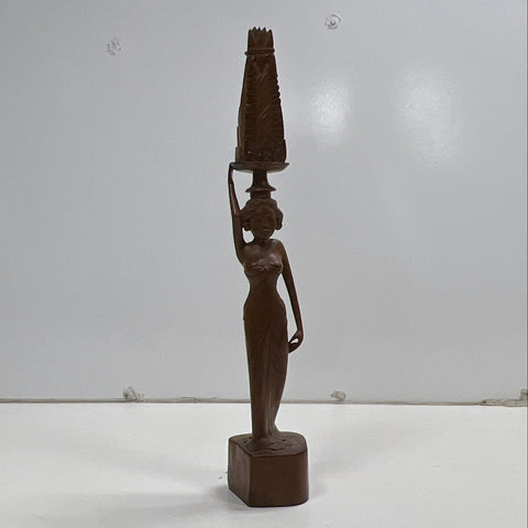 Vintage Balinese Hand Carved Wood Goddess Statue Woman Carrying Offering 23"