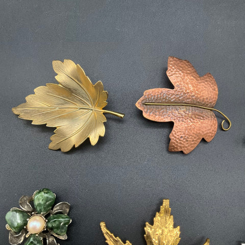 Vintage to Modern Costume Jewelry Lot 7 Leaf Brooches Pins Gold Silver Tone