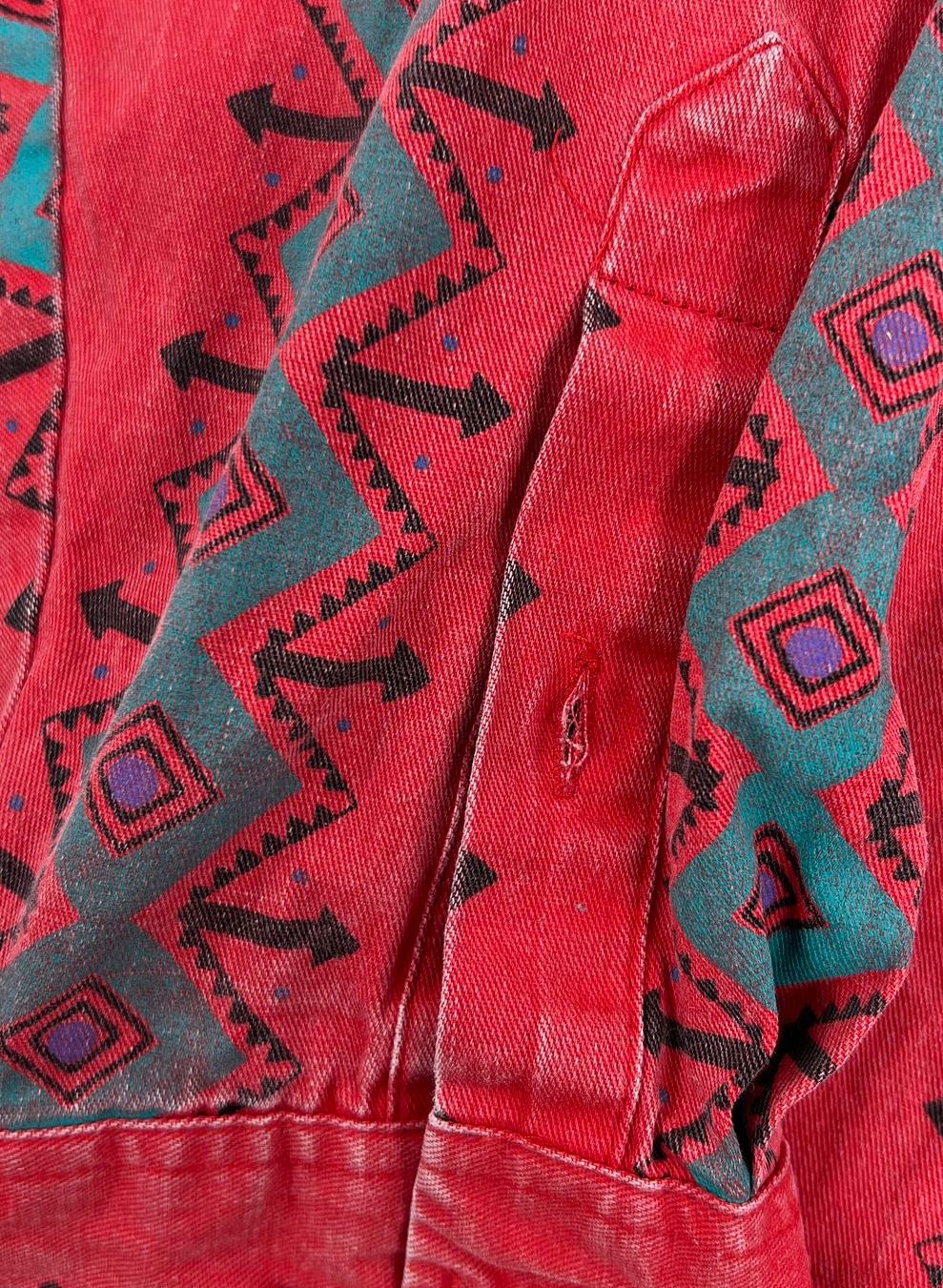 Vintage Wrangler Brushpopper Western Shirt Red Aztec Southwestern Print Cotton
