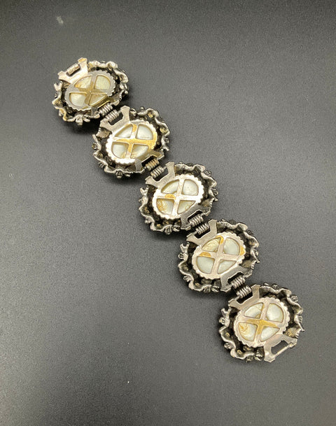 Vintage 1960s Chunky Repousse Faux Pearl Silver Tone Baroque Link Bracelet 7.5"