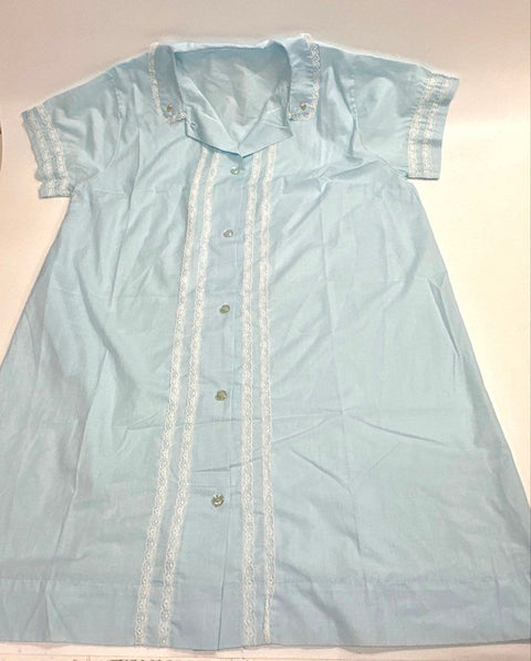 Vintage 1960s Katz Coat Blue Lace Embroidered Button Front Nightgown Sz L XL