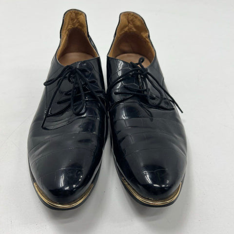 Black Croc Embossed Studded Heel Metal Toe Derby Oxford Shoes Size 46 / US 12