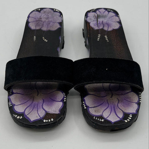 Vintage Maya Black Wooden Floral Hand Painted Platform Slide Sandals Size 7