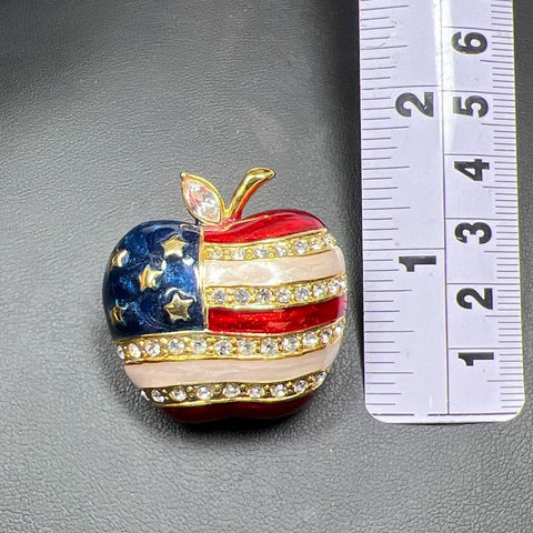GE W Lind Patriotic Apple Red White Blue Rhinestone Brooch