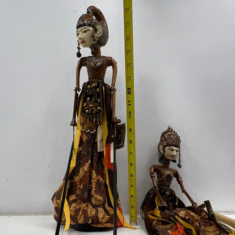 Vintage Indonesian Wayang Golek Arjuna & Srikandi Wooden Rod Puppet Lot of 2