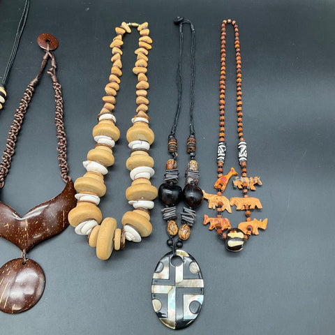 Vintage Boho Jewelry Lot 6 Necklaces Wood Shell Agate Tribal Ethnic Statement