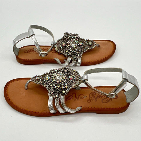 Naughty Monkey Silver Rhinestone Medallion Strappy Thong Sandals Size 8.5