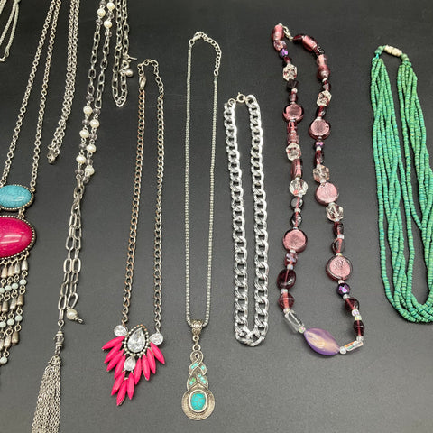 Vintage Boho Fashion Costume Jewelry Necklaces Lot of 11 Statement Beaded Silver