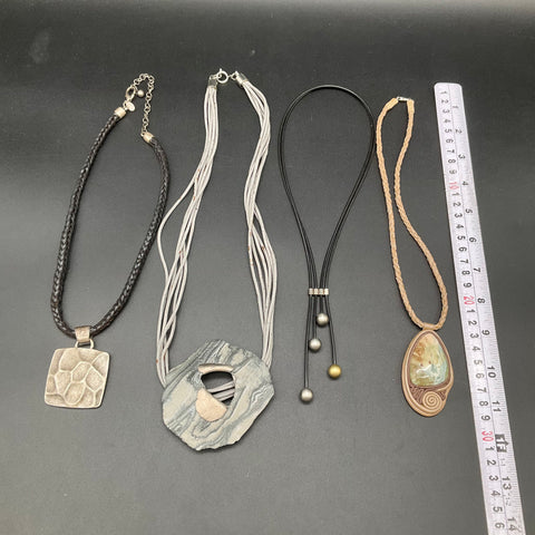 Boho Style Costume Jewelry Lot 4 Pendants Natural Stone Leather Braided Cord