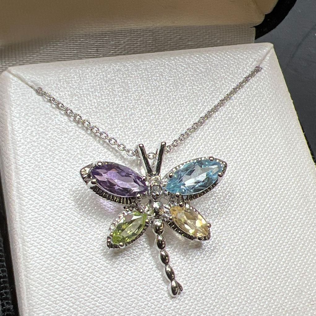 Platinum Over Sterling Silver Gemstone Dragonfly Necklace 3.28g NIB