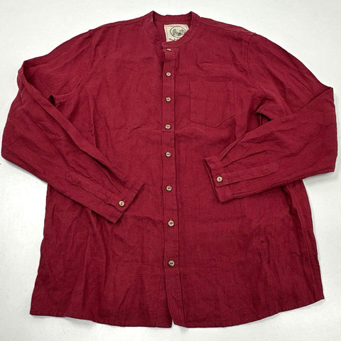 Manufacture de Lin Men's Red 100% Linen Mandarin Collar Long Sleeve Shirt XL