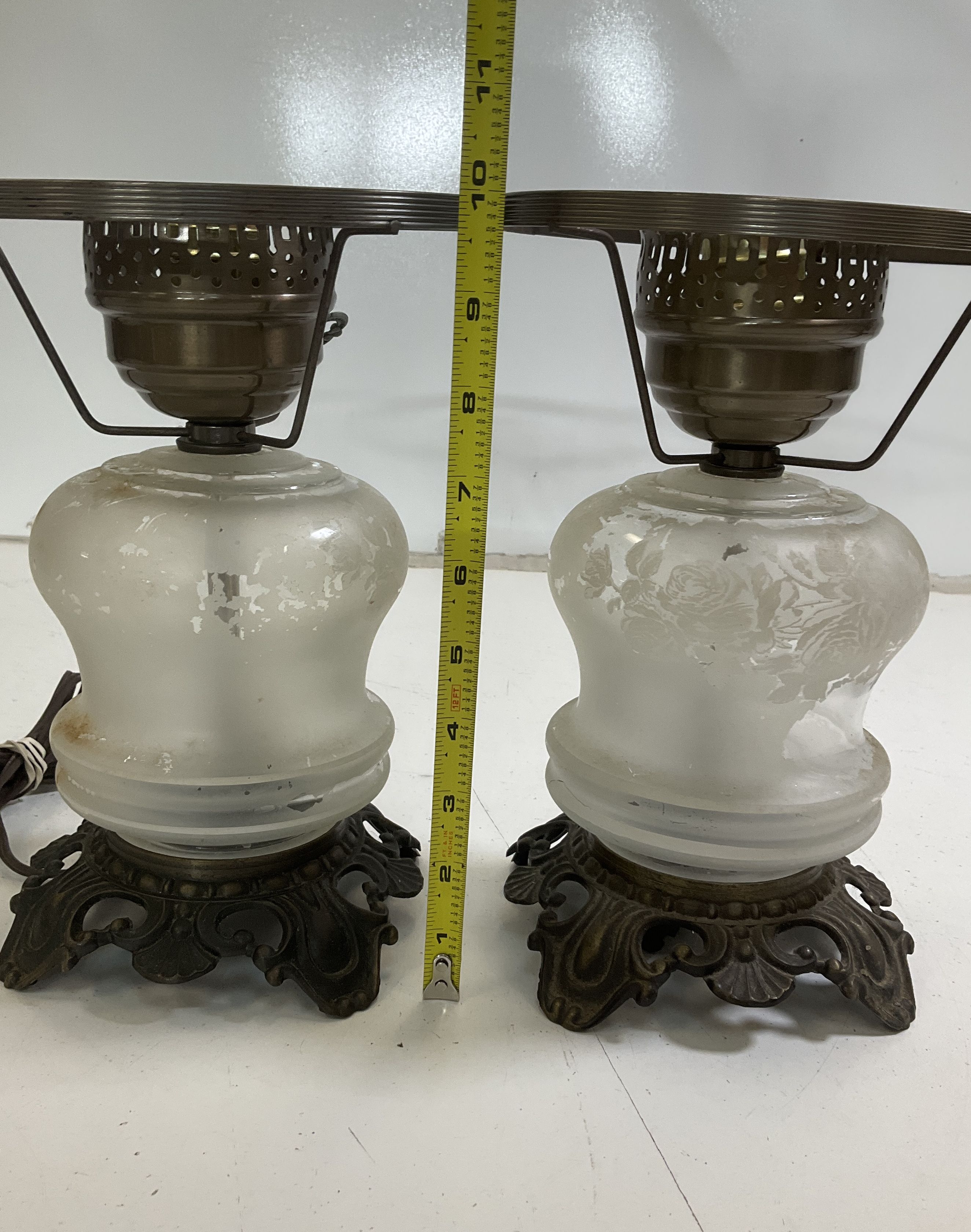Vintage Pair Victorian Revival Table Lamps Frosted Etched Glass Rococo Style