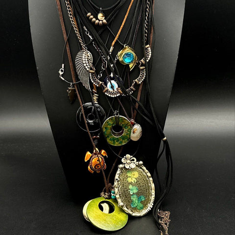 Bohemian Jewelry Lot 15+ Corded Necklaces Stone Resin Glass Evil Eye Turtle