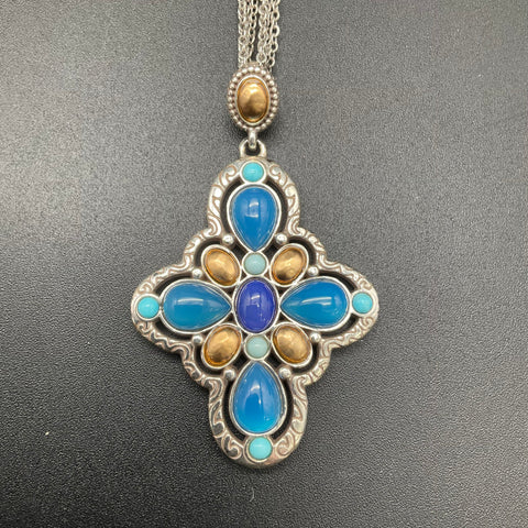 Brighton Nadia Cross Necklace Silver Tone Blue Gold Cabochon Pendant Scrollwork