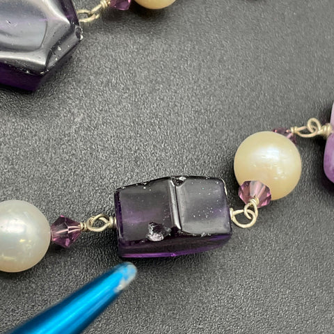Sterling Silver 925 Amethyst & Pearl Artisan Handcrafted Necklace Purple 26"