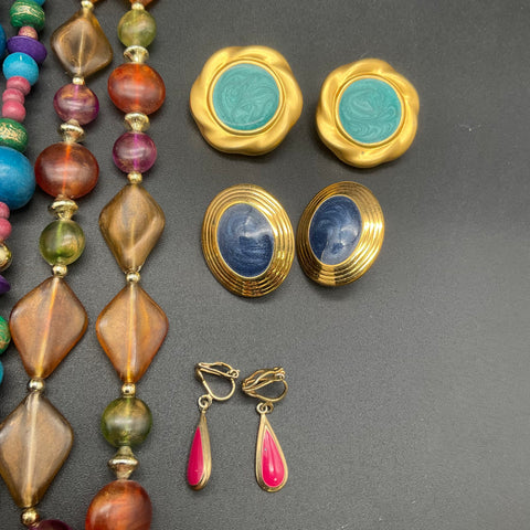 Vintage Statement Jewelry Lot 7 Pieces Multi-Strand Necklaces Clip-On Earrings