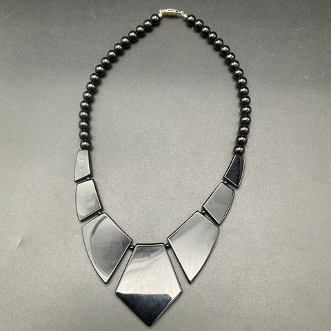 Vintage Black Glass Beaded Necklace Geometric Art Deco Style 18 Inch