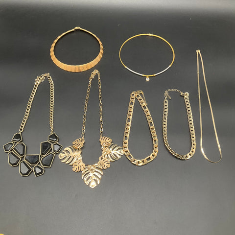 Gold Tone Fashion Necklace Lot of 7 Statement Chains Chokers Monstera Geometric