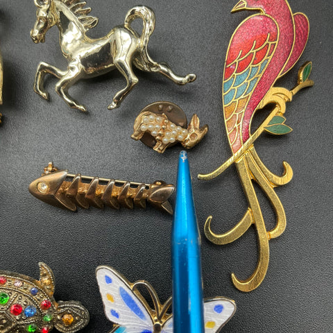 Vintage Animal Brooches Pins Jewelry Lot of 7 Enamel Rhinestone Faux Pearl