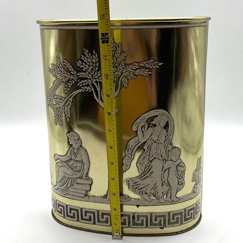 Vintage Brass Tone Metal Waste Basket Neoclassical Classical Greek Key USA