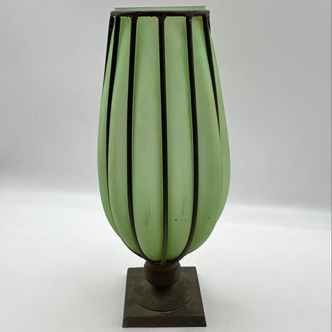 Vintage Green Satin Glass Caged Metal Frame Pedestal Vase 18 Inch Large