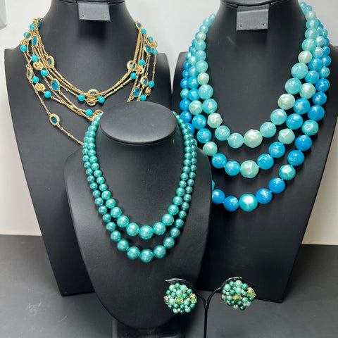 Vintage Lot 4pc Mid-Century Teal Blue Costume Jewelry Necklaces Clip On Earrings