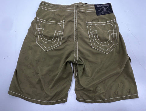 True Religion Men's Section Surf Olive Green Peace Sign Board Shorts Size 34