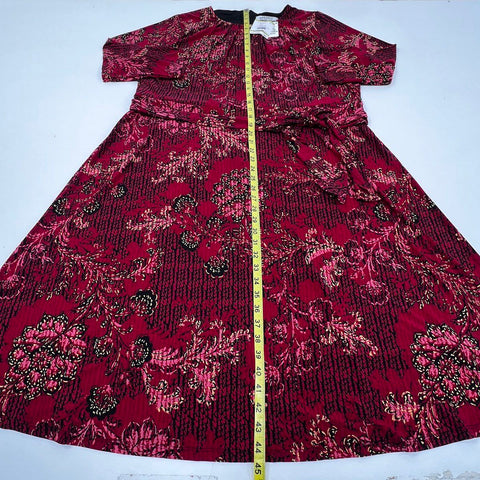 Kasper Women's Dress Red Black Multi Floral Pleated Neck Self-Tie Belt Sz 18W