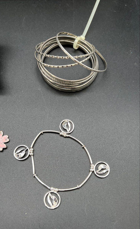 Silver Tone Fashion Jewelry Lot of 28 Bangles Charm Rhinestone Link Bracelets