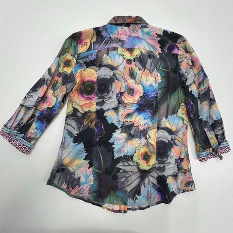 Robert Graham Floral Leaf Print Button Up Shirt 3/4 Sleeve Contrast Cuffs Sz M