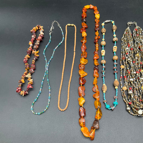 Vintage Beaded & Stone Jewelry Lot of 10 Necklaces Amber Style Art Glass Boho
