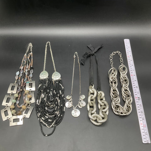 Vintage to Modern Silver Tone Chunky Statement Necklace Lot 5pc Beaded Shell