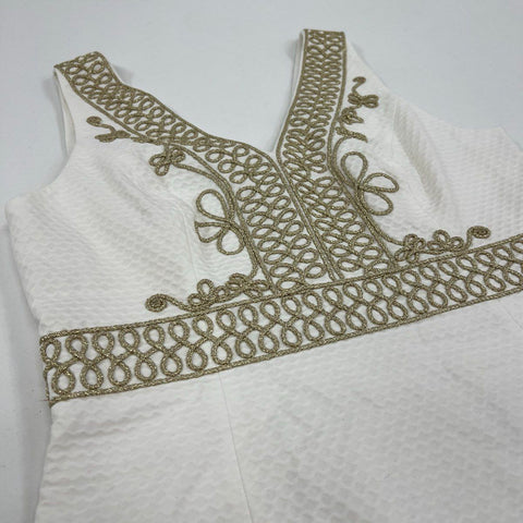 Lilly Pulitzer Women's White Gold Soutache Trim Cotton V-Neck Shift Dress Sz 4