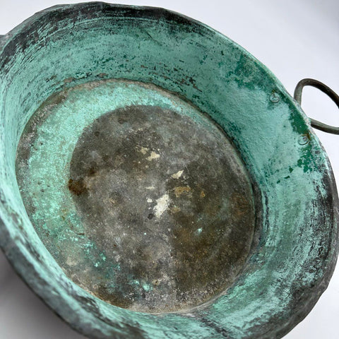 Vintage Copper Pot Primitive Rustic Verdigris Patina Iron Handles 11" Bowl