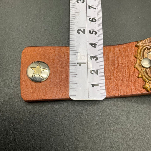 Leather Cuff Bracelet with Enameled Metal Flower Filigree Accent Western Boho