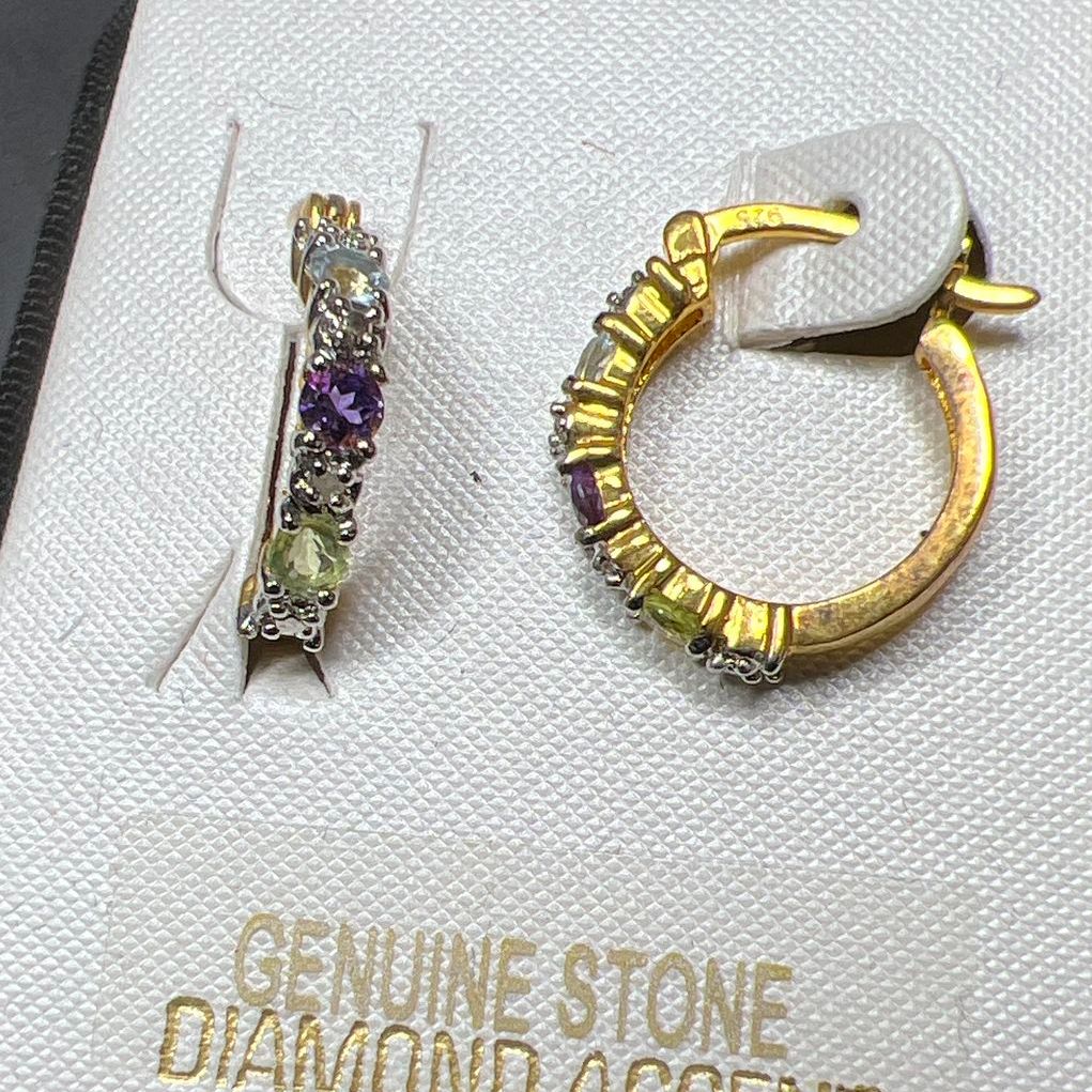 18K Over Sterling Silver Gemstone Diamond Accent Earrings NIB
